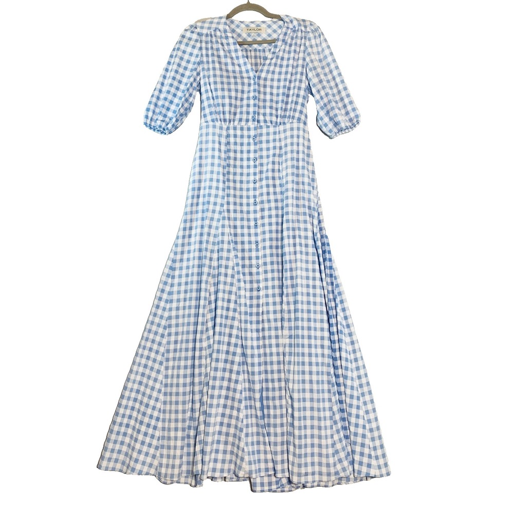 Taylor size 4 Full length Blue Gingham Button Front Dress with Bow Vintage NWOT